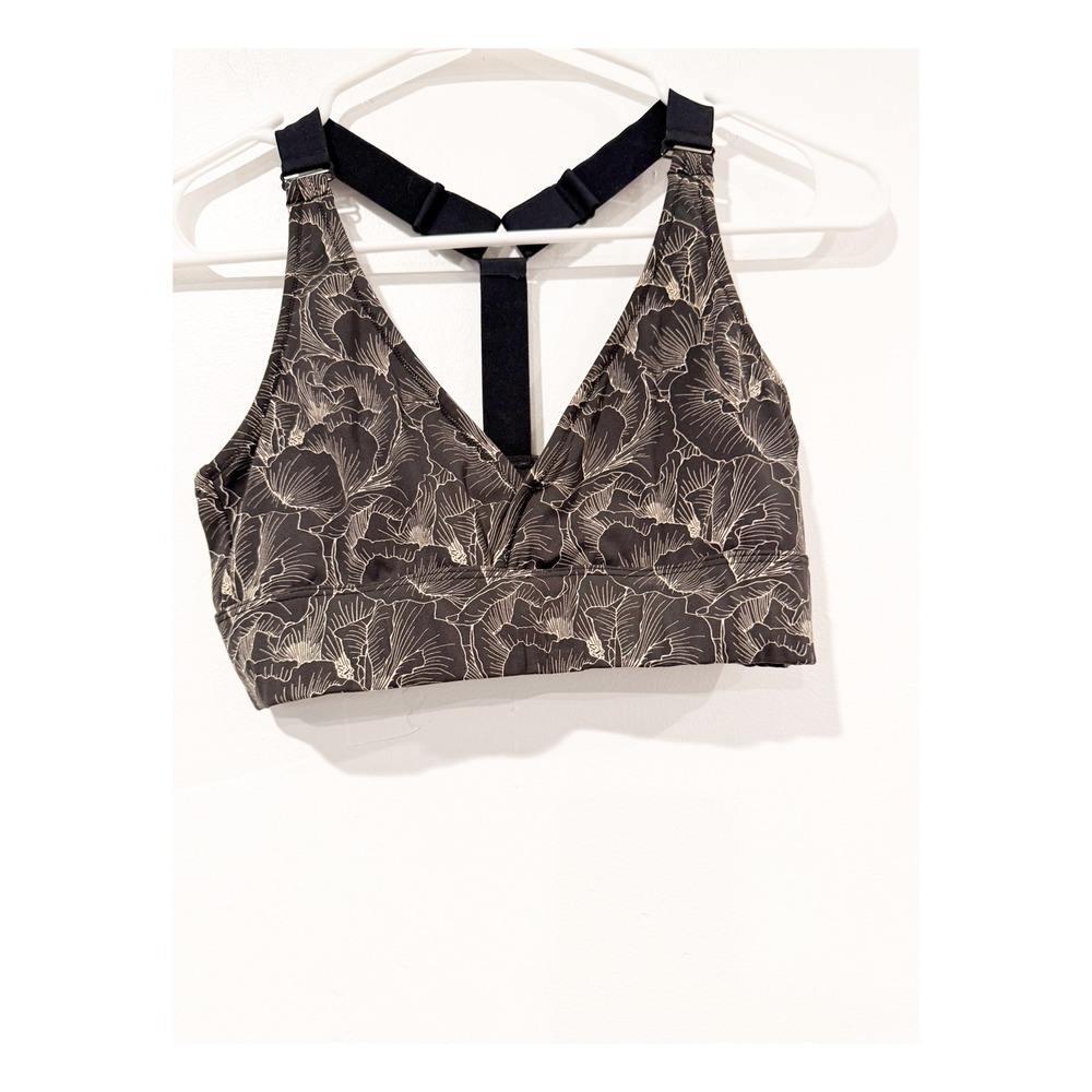Varley Floral V-Neck Y-Back Sports Bra Charcoal Grey Cream Medium